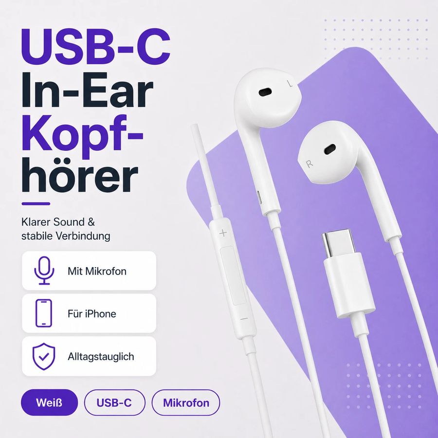 USB-C Kopfhörer mit Mikrofon Weiß für iPhone Samsung Typ-C Headset
