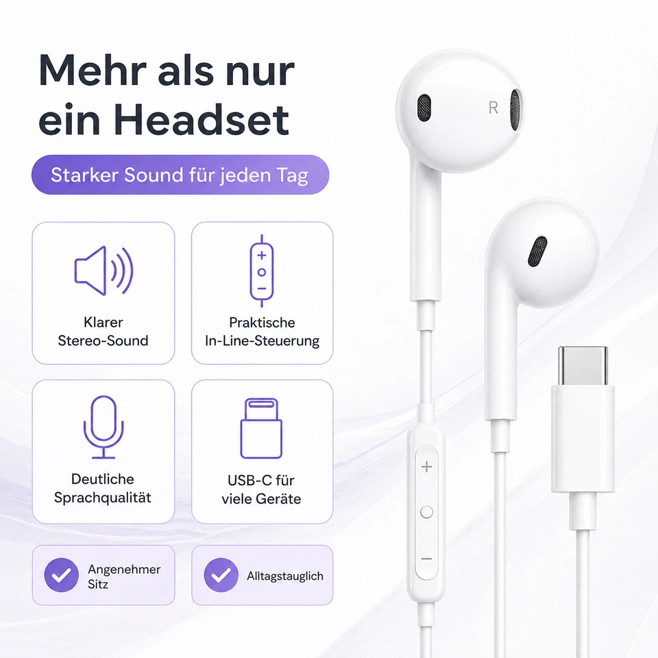 USB-C Kopfhörer mit Mikrofon Weiß für iPhone Samsung Typ-C Headset