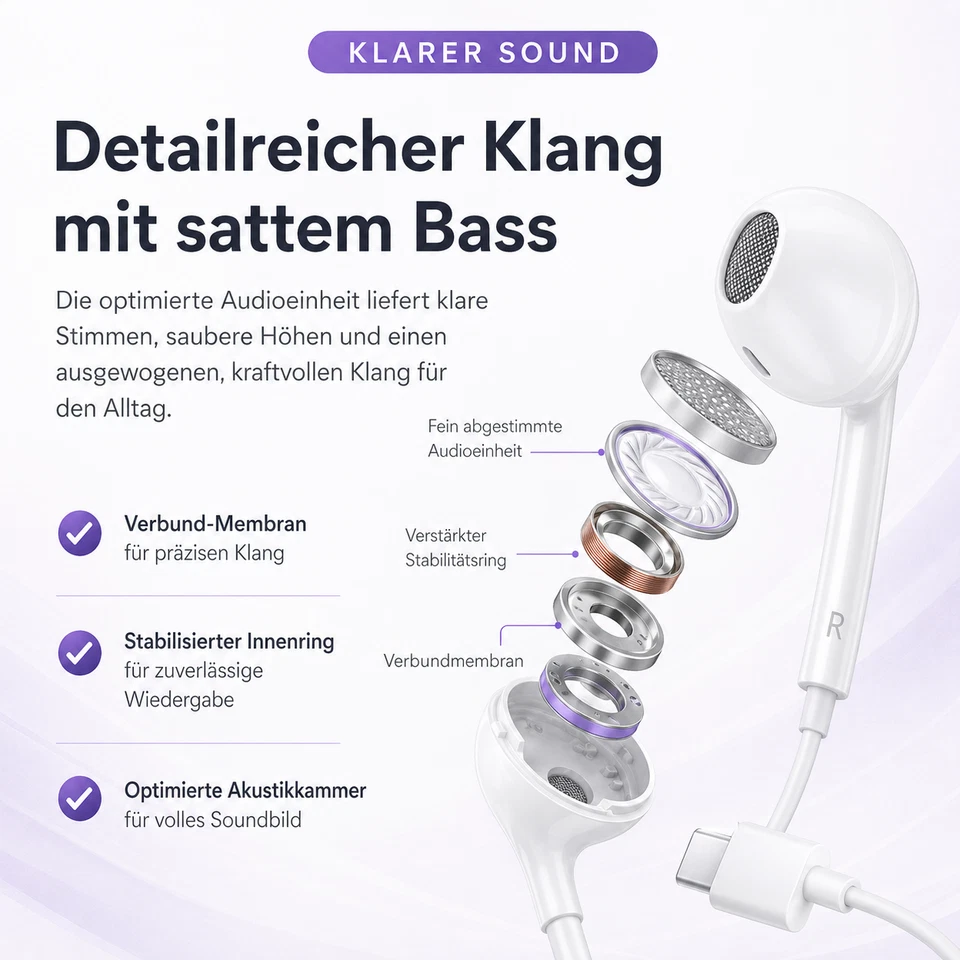 USB-C Kopfhörer mit Mikrofon Weiß für iPhone Samsung Typ-C Headset