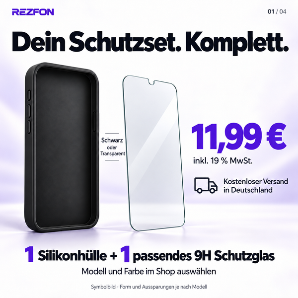 Silikonhülle + 9H Schutzglas für iPhone 17, 17 Pro, 17 Pro Max, iPhone Air & 17e