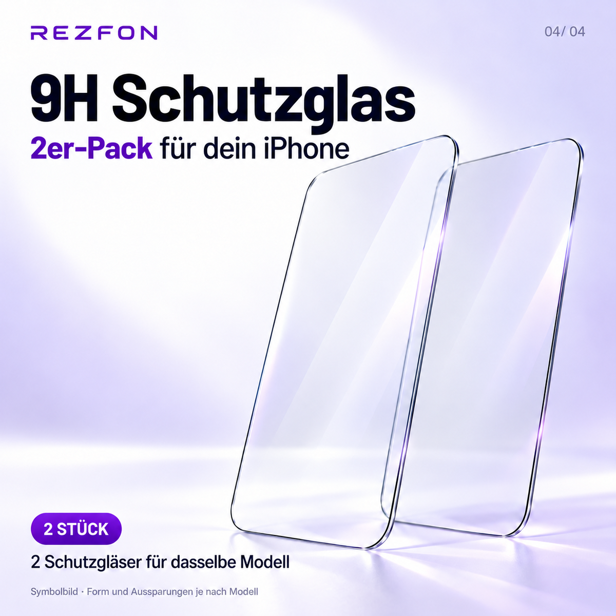 Symbolbild: 9H Schutzglas im 2er-Pack, zwei Schutzgläser für dasselbe ausgewählte iPhone-Modell.