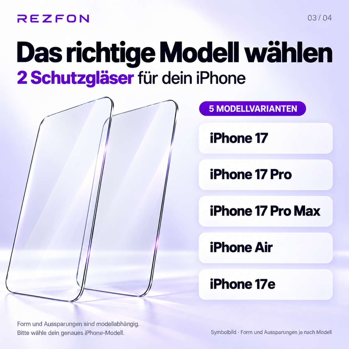Modellvarianten des 9H Schutzglas 2er-Packs: iPhone 17, 17 Pro, 17 Pro Max, iPhone Air und iPhone 17e. Form und Aussparungen sind modellabhängig.