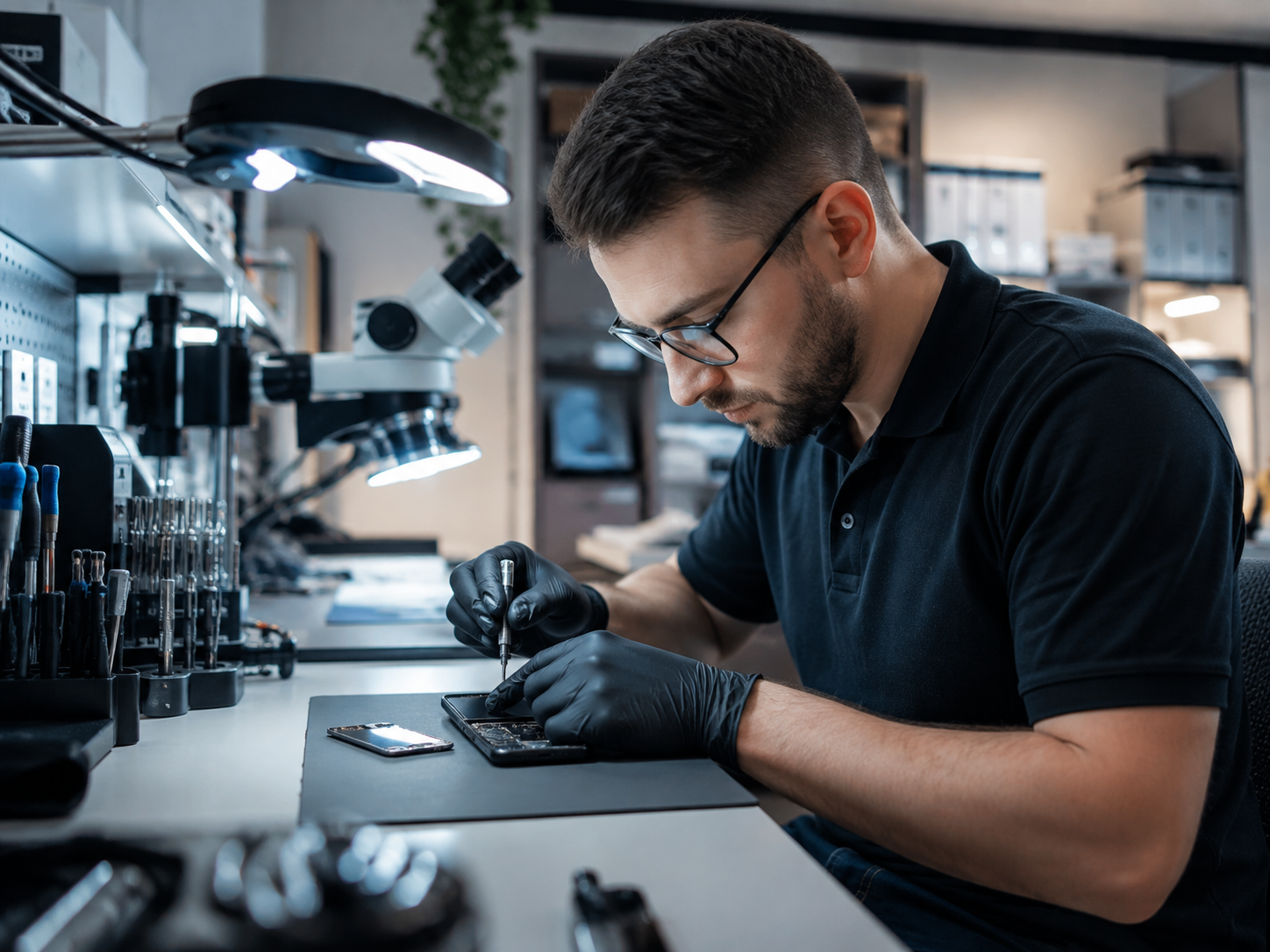 Techniker bei einer Smartphone Reparatur
